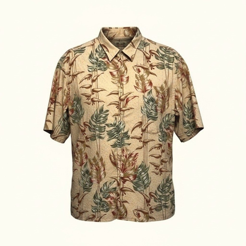 Reyn Spooner Mens XL Hawaiian Shirt Regency Cotton Lawn Tropical Leaf Beige